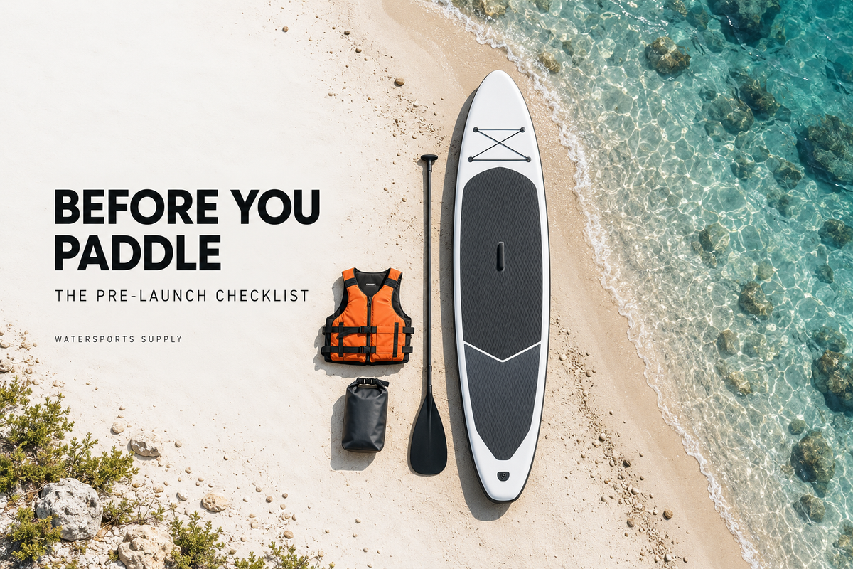 Before You Paddle checklist cover showing a paddleboard, paddle, orange flotation vest and dry bag beside clear turquoise water.