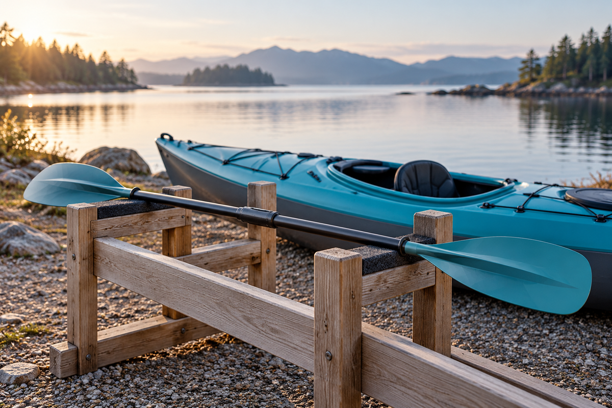 Illustration of a two-bladed kayak paddle resting on a dry rack with its blades offset.