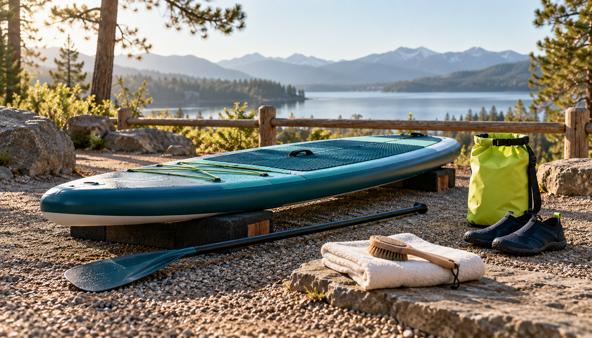 Paddleboard, paddle, brush, towel, open lime dry bag and water shoes arranged at an upland area overlooking a lake.