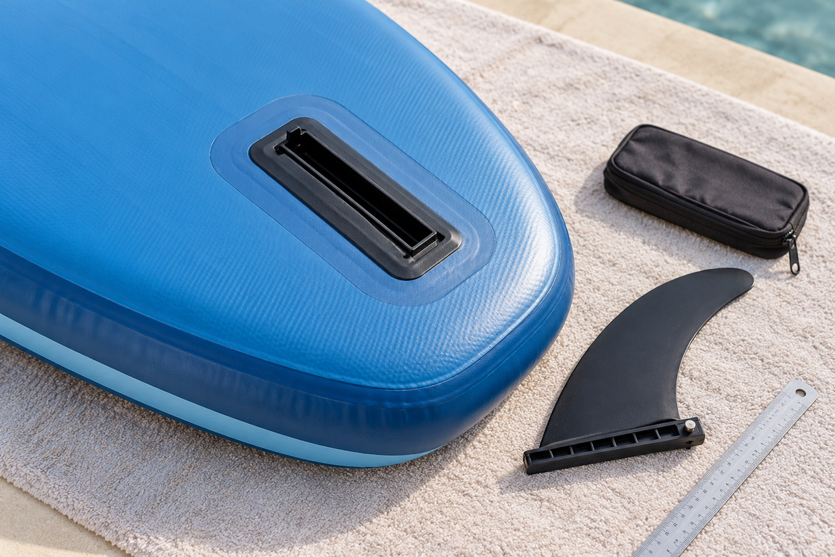 Illustration of an empty paddleboard fin box and a removable fin beside a ruler and hardware pouch.