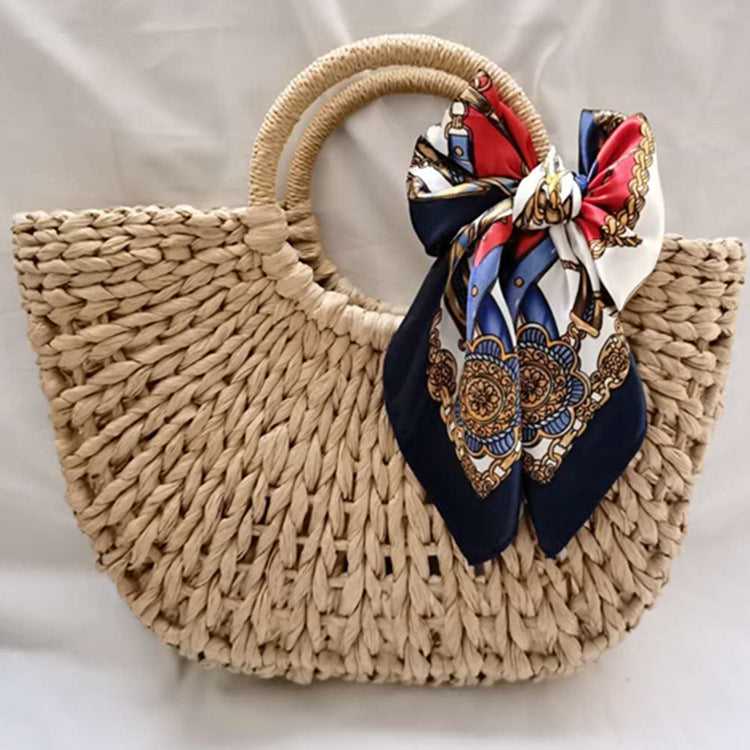 Woven Straw Beach Bag with Scarf Tie — detail 5