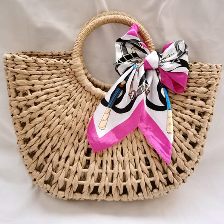 Woven Straw Beach Bag with Scarf Tie — detail 2