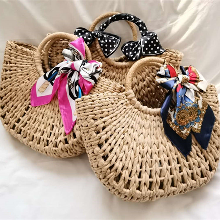 Woven Straw Beach Bag with Scarf Tie — detail 3
