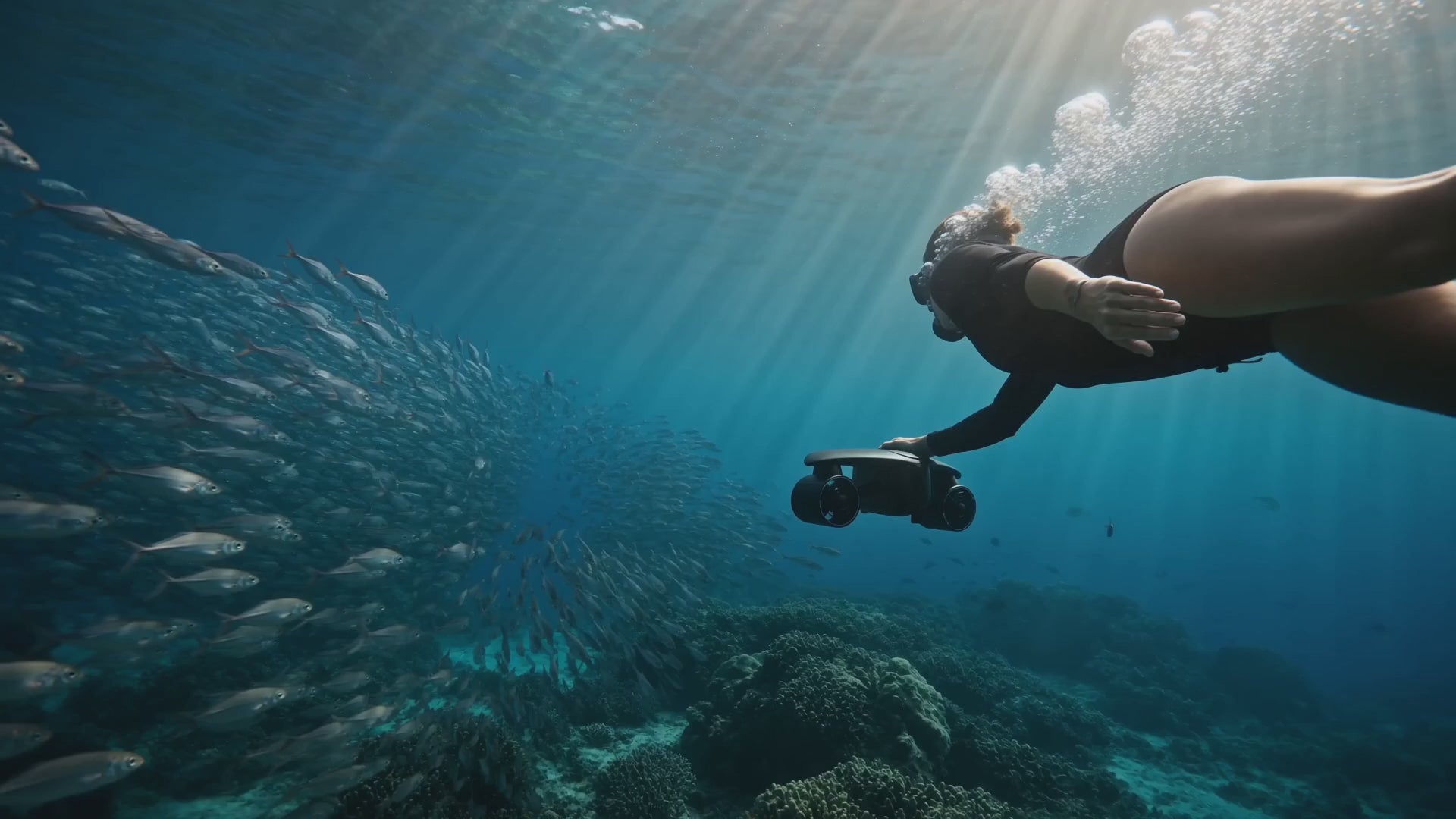 Underwater Sea Scooter with Battery — cinematic reef ad