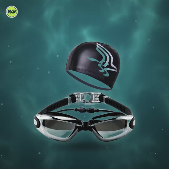 Swim Goggles Set with Cap, Earplugs & Nose Clip — product video