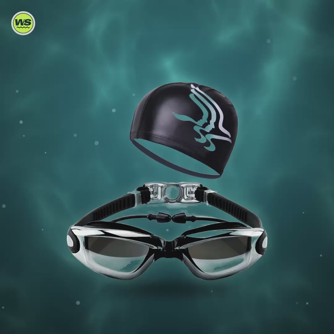 Swim Goggles Set with Cap, Earplugs & Nose Clip — product video