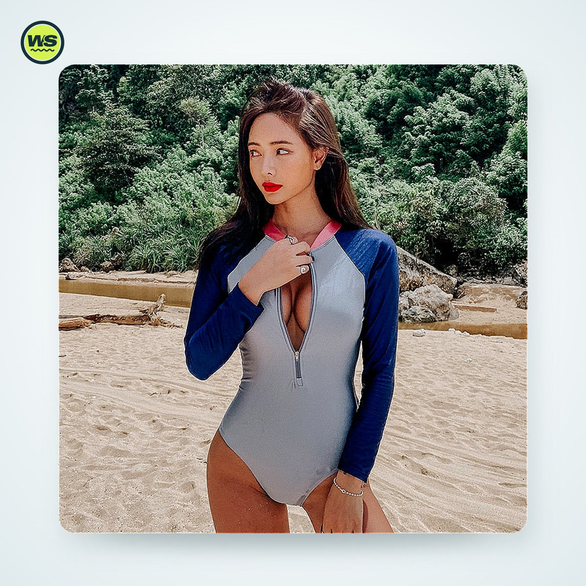 Women's Long-Sleeve Rash Guard Swimsuit — studio view 2